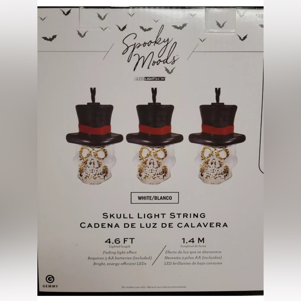 Spooky Moods 8ct Skull Top Hat Light Up String Lights Halloween Decor Battery